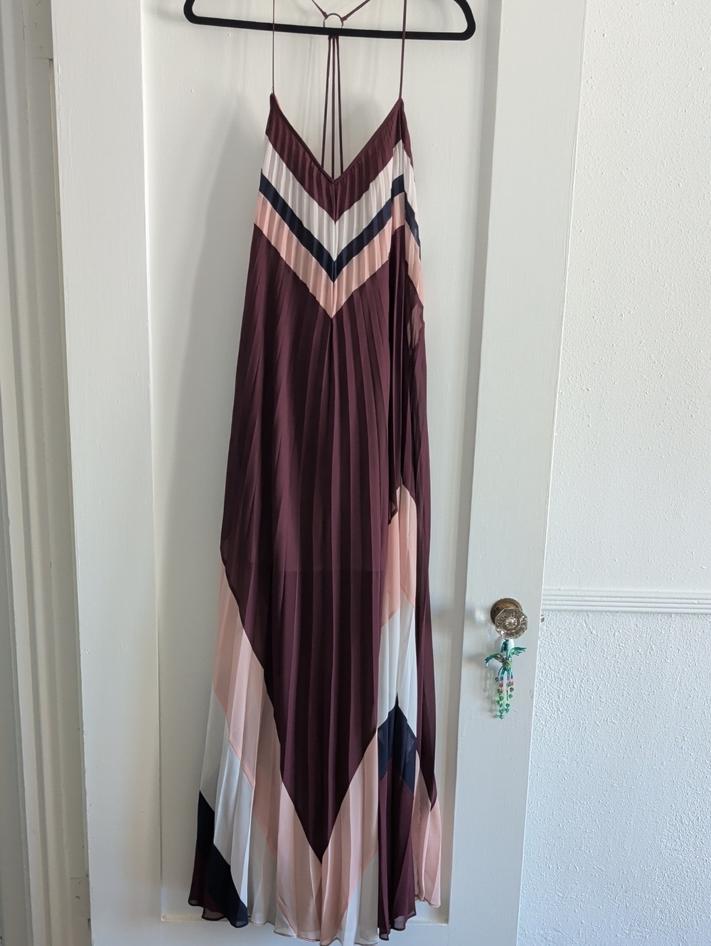 BCBGMaxAzria Pleated Chevron Maxi Dress in Plum, Blush, Navy, Cream